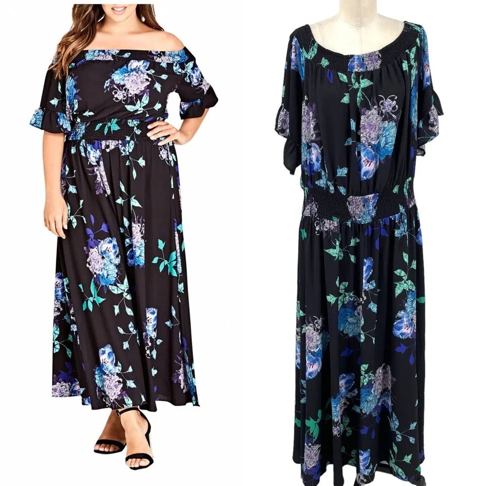City Chic Suzu Floral Maxi Off the Shoulder Dress Black Plus Size 22